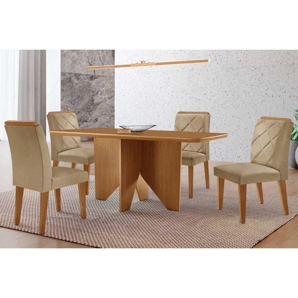 Sala de Jantar Completa Nevada c/ Tampo Madeirado Canto Curvo 120x80cm e 4 Cadeiras Pietá Naturale - Linho Bege - Rufato