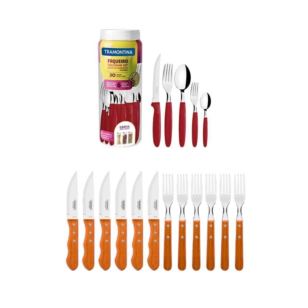 Jogo De Churrasco Inox 12 Peças +Faqueiro Vermelho 30Peças