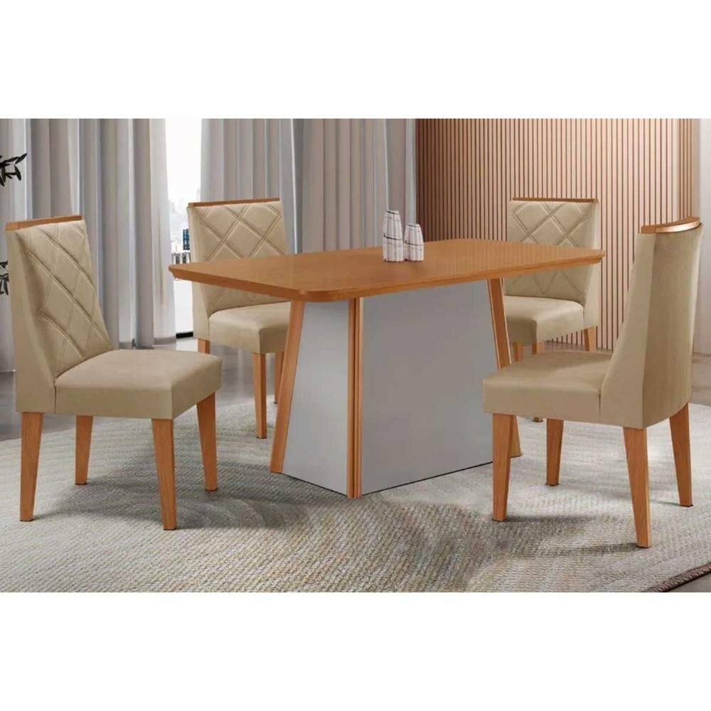 Sala de Jantar Completa Tilia c/ Tampo Madeirado Canto Curvo 120x80cm e 4 Cadeiras Pietá Naturale/Off White - Linho Bege - Rufato