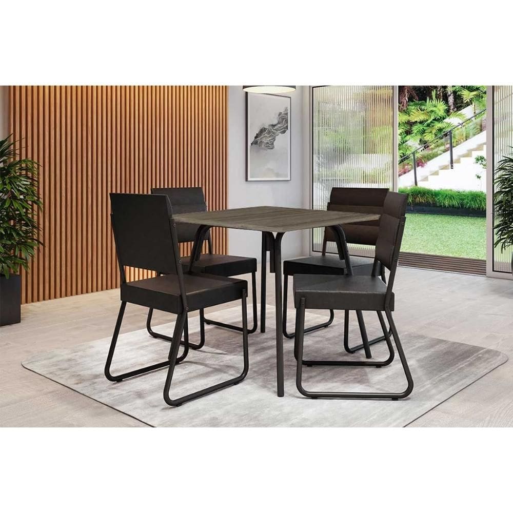 Sala de Jantar Completa 1569 Aço c/ Tampo Madeirado 90x90cm e 4 Cadeiras 1736 Preto/Legno - Preto - Carraro