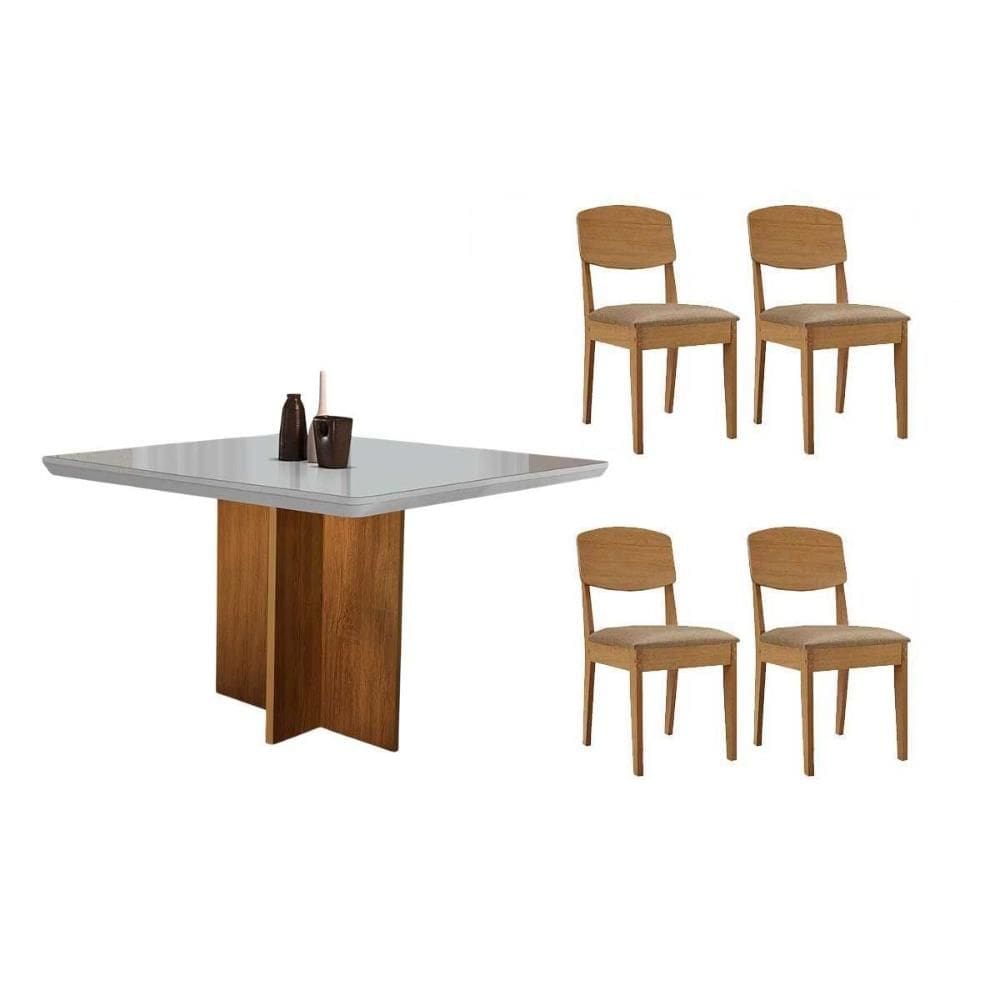 Sala de Jantar Completa Berlim c/ Tampo Madeirado c/ Vidro Canto Curvo 90x90cm e 4 Cadeiras Havana Naturale/Off White - Corano Capuccino - Rufato