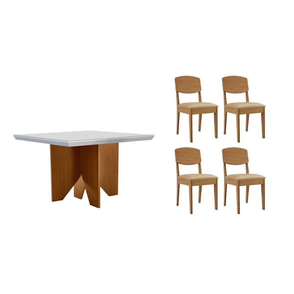 Sala de Jantar Completa Nevada c/ Tampo Madeirado c/ Vidro Canto Curvo 90x90cm e 4 Cadeiras Havana Naturale/Off White - Suede Creme - Rufato