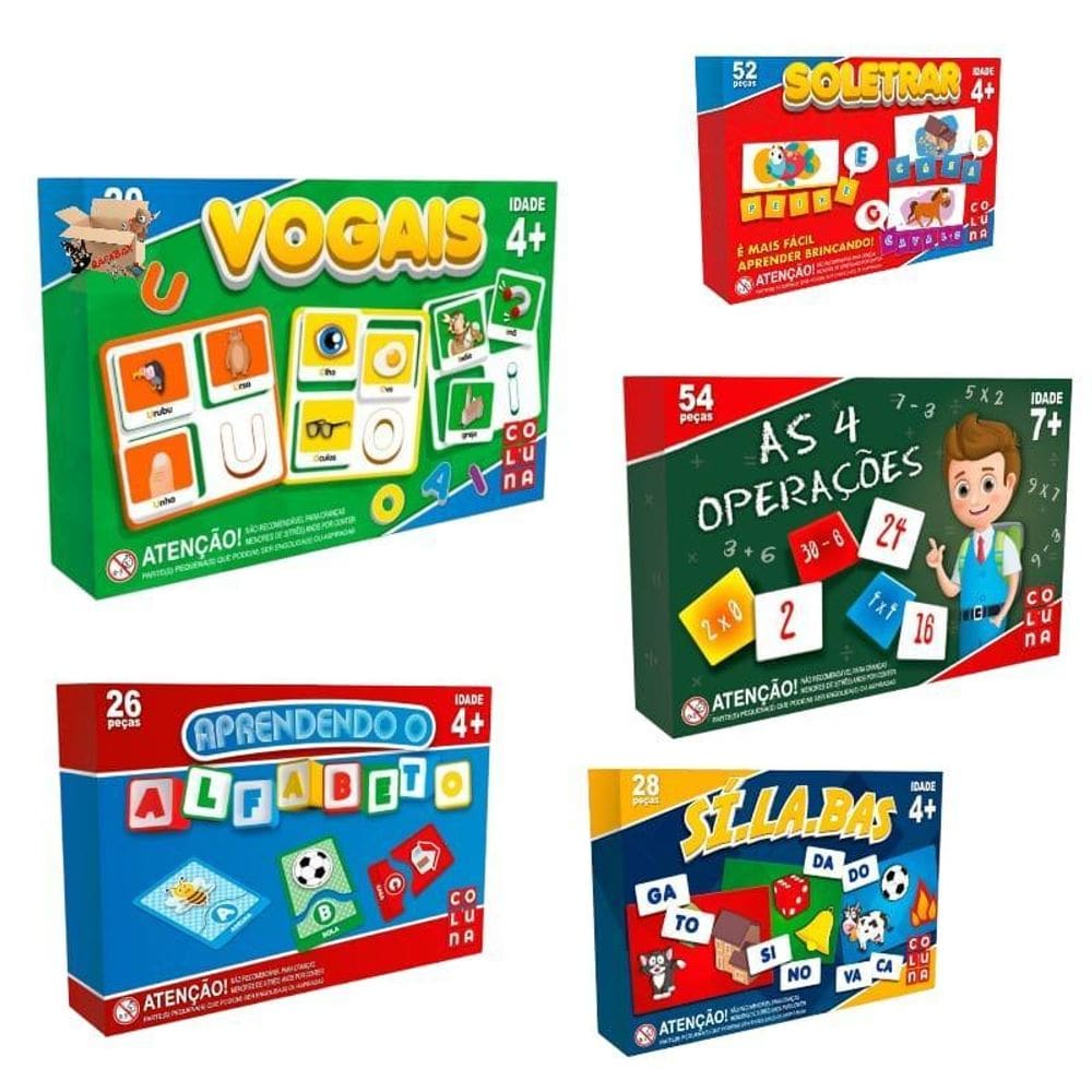 Kit 5 Educativo Vogais Sílabas Soletrar Alfabeto E Operações