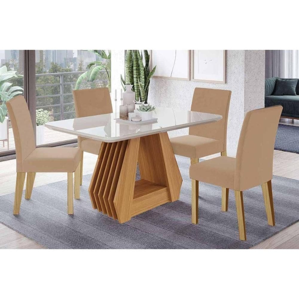 Sala de Jantar Completa Ágata Tampo Madeirado c/ Vidro 130x80cm e 4 Cadeiras Maia Cinamomo/Off White - Suede Gengibre Bege - Cimol