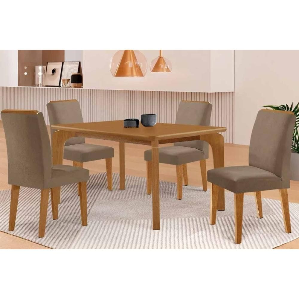 Sala de Jantar Completa Londrina c/ Tampo Madeirado c/ Vidro Canto Curvo 120x80cm 4 Cadeiras Dakota Naturale/Off White - Suede Capuccino - Rufato