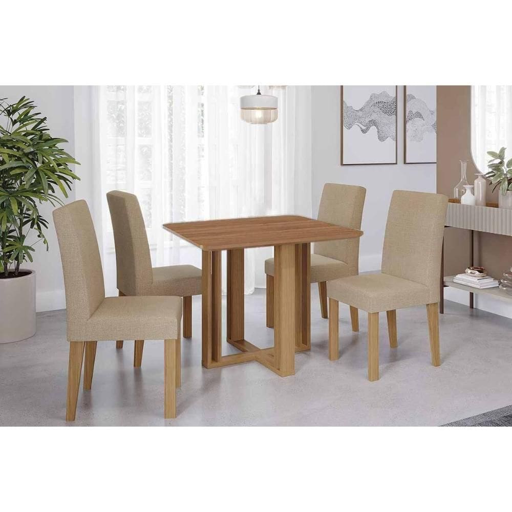 Sala de Jantar Completa Flora Tampo Madeirado 95x95cm e 4 Cadeiras Maia Cinamomo - Cinamomo/Suede Gengibre Bege - Cimol