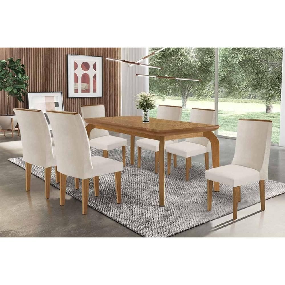 Sala de Jantar Completa Londrina c/ Tampo Madeirado Canto Curvo 180x90cm e 6 Cadeiras Dakota Naturale - Suede Creme - Rufato