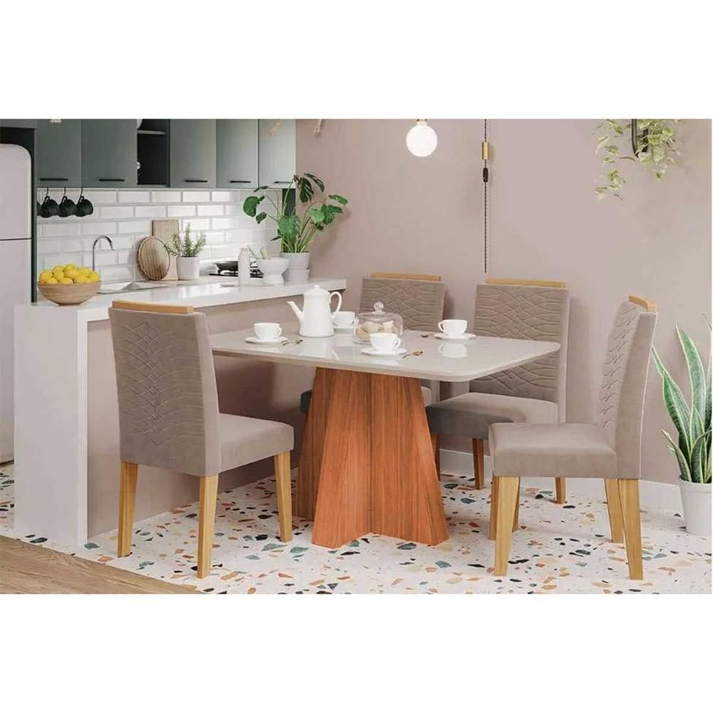 Sala de Jantar Completa Maitê Tampo Madeirado c/ Vidro 130x80cm e 4 Cadeiras Clarice Cinamomo/Off White - Carvalho/Linho Bege - Cimol