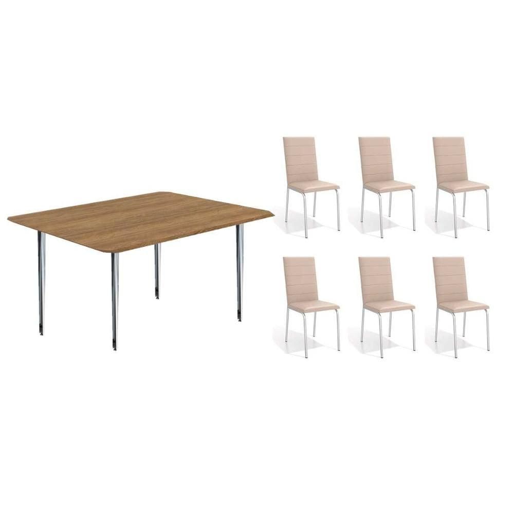 Sala de Jantar Completa Iguaçu c/ Tampo de Madeira 1,60cm + 6 Cadeiras Amsterdã Cromada/Nude 16 - Kappesberg
