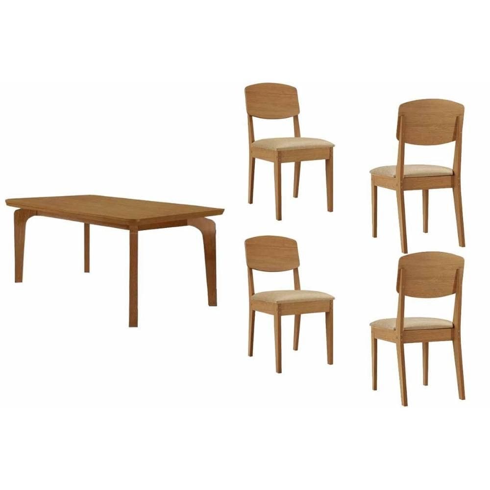 Sala de Jantar Completa Londrina c/ Tampo Madeirado Canto Curvo 120x80cm e 4 Cadeiras Havana Naturale - Suede Creme - Rufato