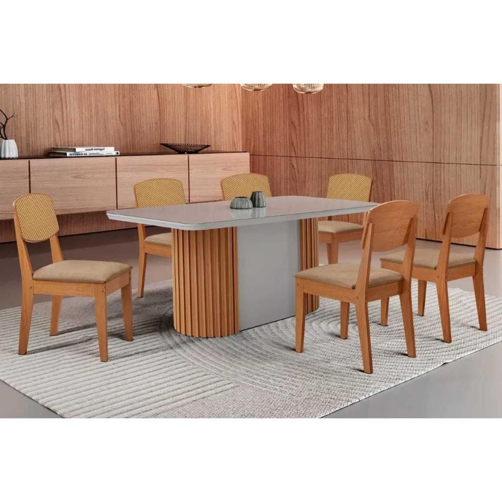 Sala de Jantar Completa Pilar c/ Tampo Madeirado c/ Vidro Canto Curvo 180x90cm e 6 Cadeiras Havana Premium Naturale/Off White - Linho Bege - Rufato