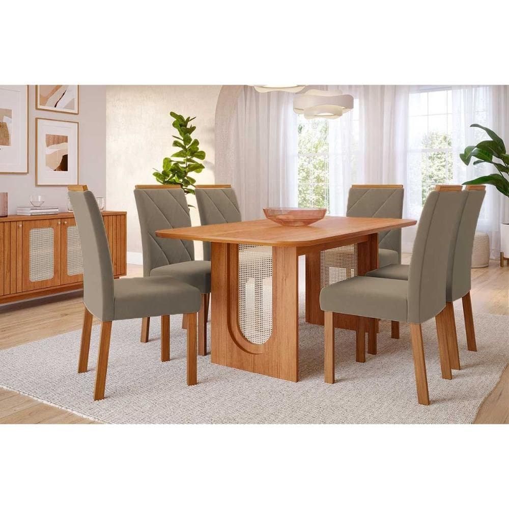 Sala de Jantar Completa Valentina Tampo Madeirado 180x90cm e 6 Cadeiras Fernanda Cinamomo - Carvalho/Suede Joli Capuccino - Cimol
