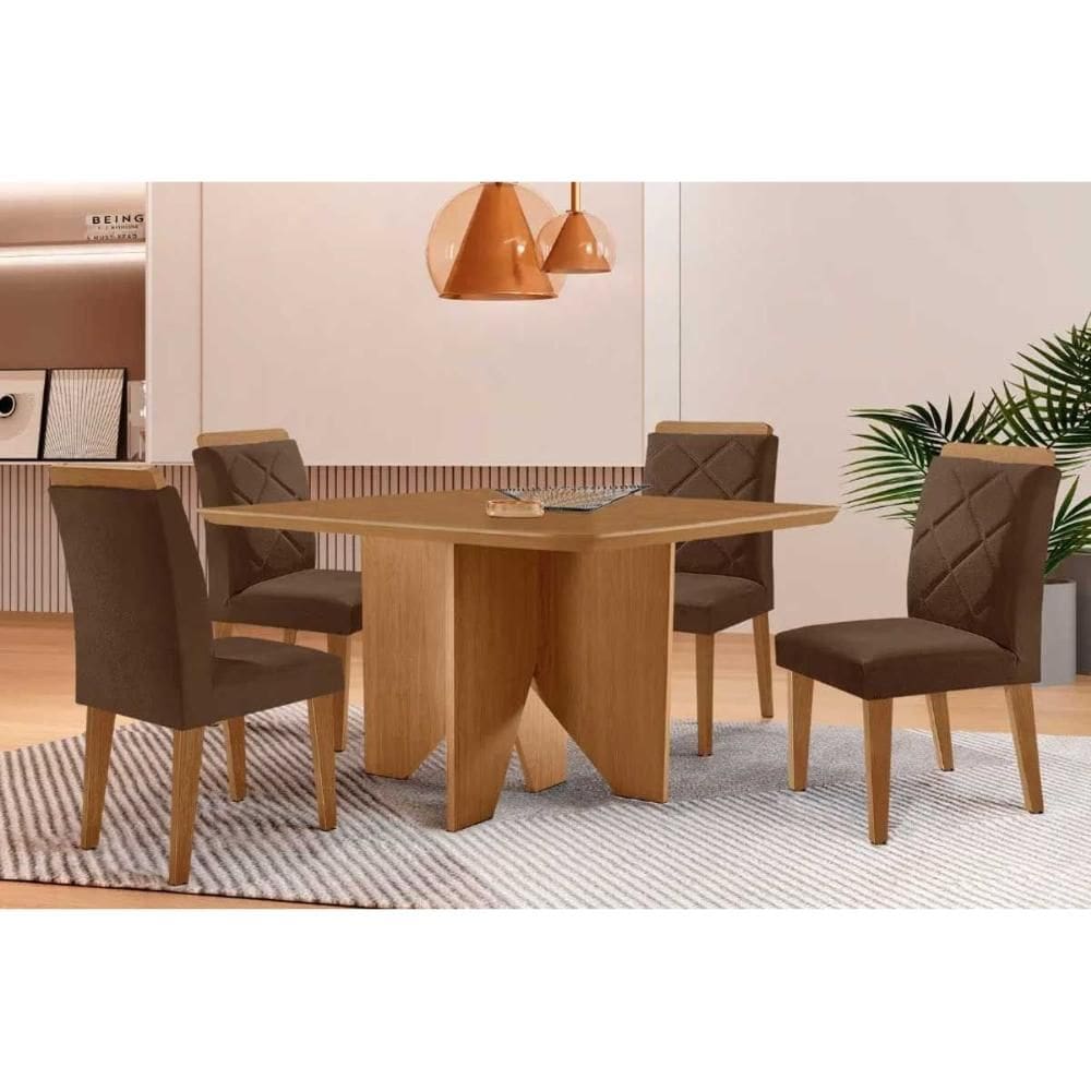 Sala de Jantar Completa Nevada c/ Tampo Madeirado Canto Curvo 90x90cm e 4 Cadeiras Pietá Naturale - Suede Marrom - Rufato