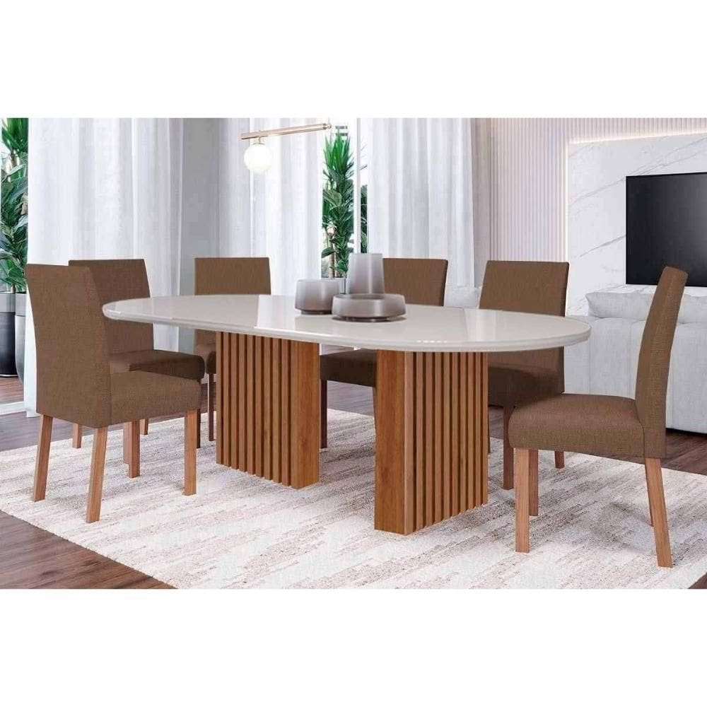 Sala de Jantar Completa Ester Tampo Madeirado Oval c/ Vidro 210x100cm e 6 Cadeiras Maia Cinamomo/Off White - Suede Mascavo Chocolate - Cimol