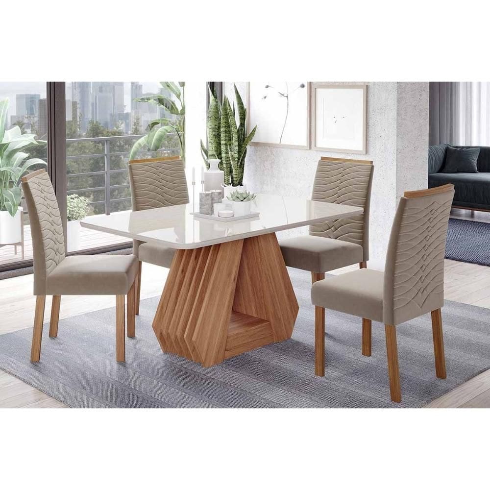 Sala de Jantar Completa Ágata Tampo Madeirado c/ Vidro 130x80cm e 4 Cadeiras Clarice Cinamomo/Off White - Carvalho/Suede Joli Capuccino - Cimol