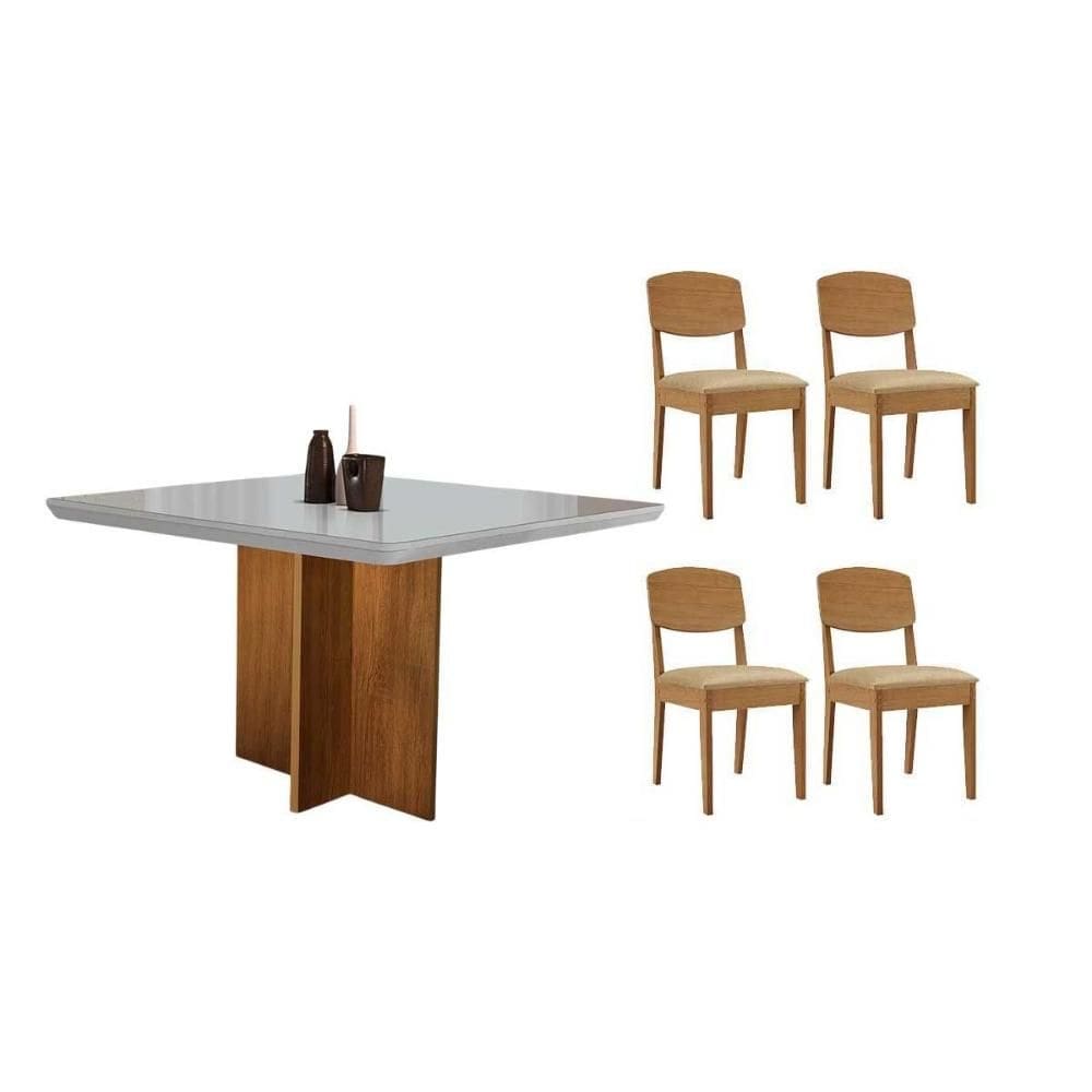 Sala de Jantar Completa Berlim c/ Tampo Madeirado c/ Vidro Canto Curvo 90x90cm e 4 Cadeiras Havana Naturale/Off White - Linho Bege - Rufato