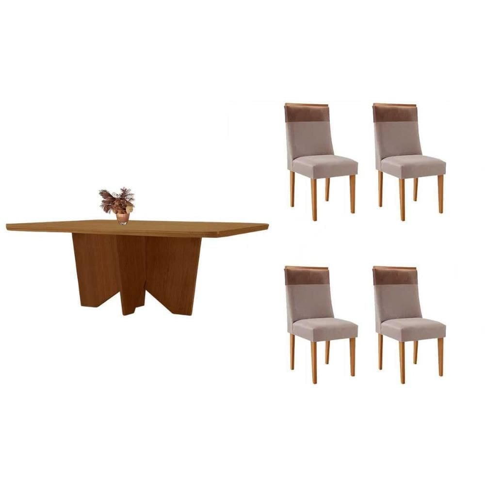 Sala de Jantar Completa Nevada c/ Tampo Madeirado Canto Curvo 120x80cm e 4 Cadeiras Jaspe Naturale - Linho Capuccino - Rufato