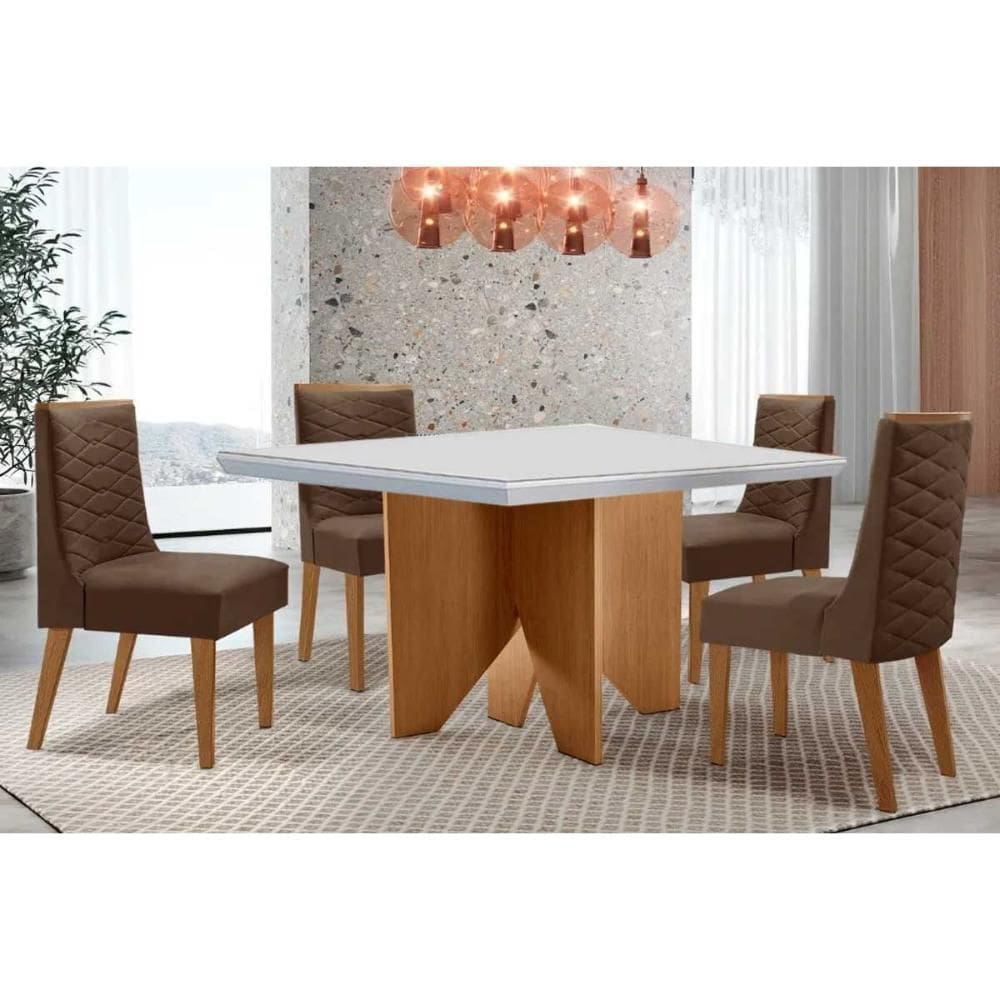 Sala de Jantar Completa Nevada c/ Tampo Madeirado c/ Vidro Canto Curvo 90x90cm e 4 Cadeiras Dafne Naturale/Off White - Suede Marrom - Rufato