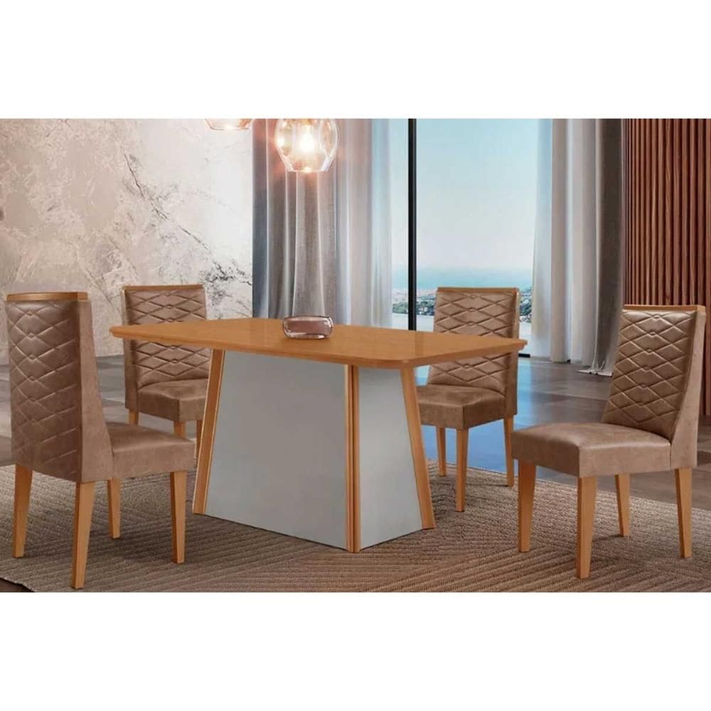 Sala de Jantar Completa Tilia c/ Tampo Madeirado Canto Curvo 120x80cm e 4 Cadeiras Dafne Naturale/Off White - Corano Capuccino - Rufato