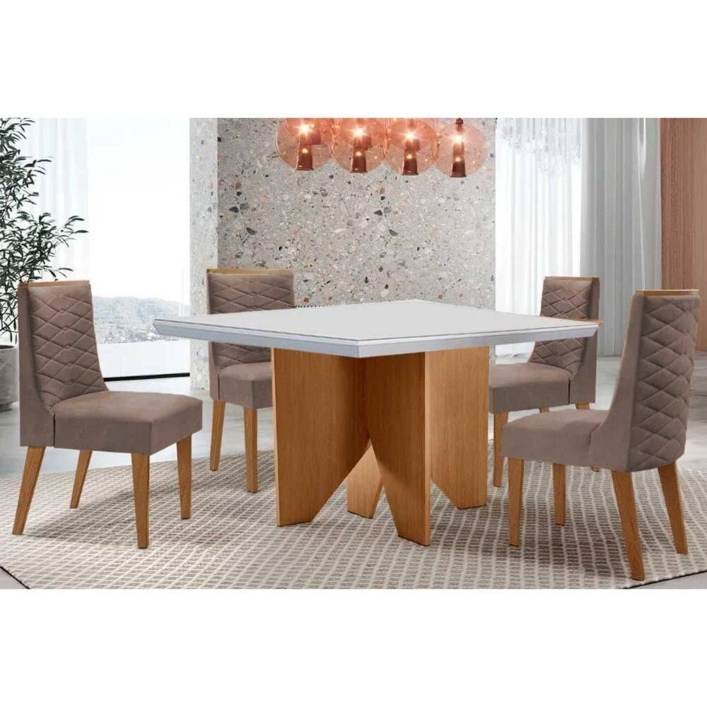 Sala de Jantar Completa Nevada c/ Tampo Madeirado c/ Vidro Canto Curvo 90x90cm e 4 Cadeiras Dafne Naturale/Off White - Corano Capuccino - Rufato