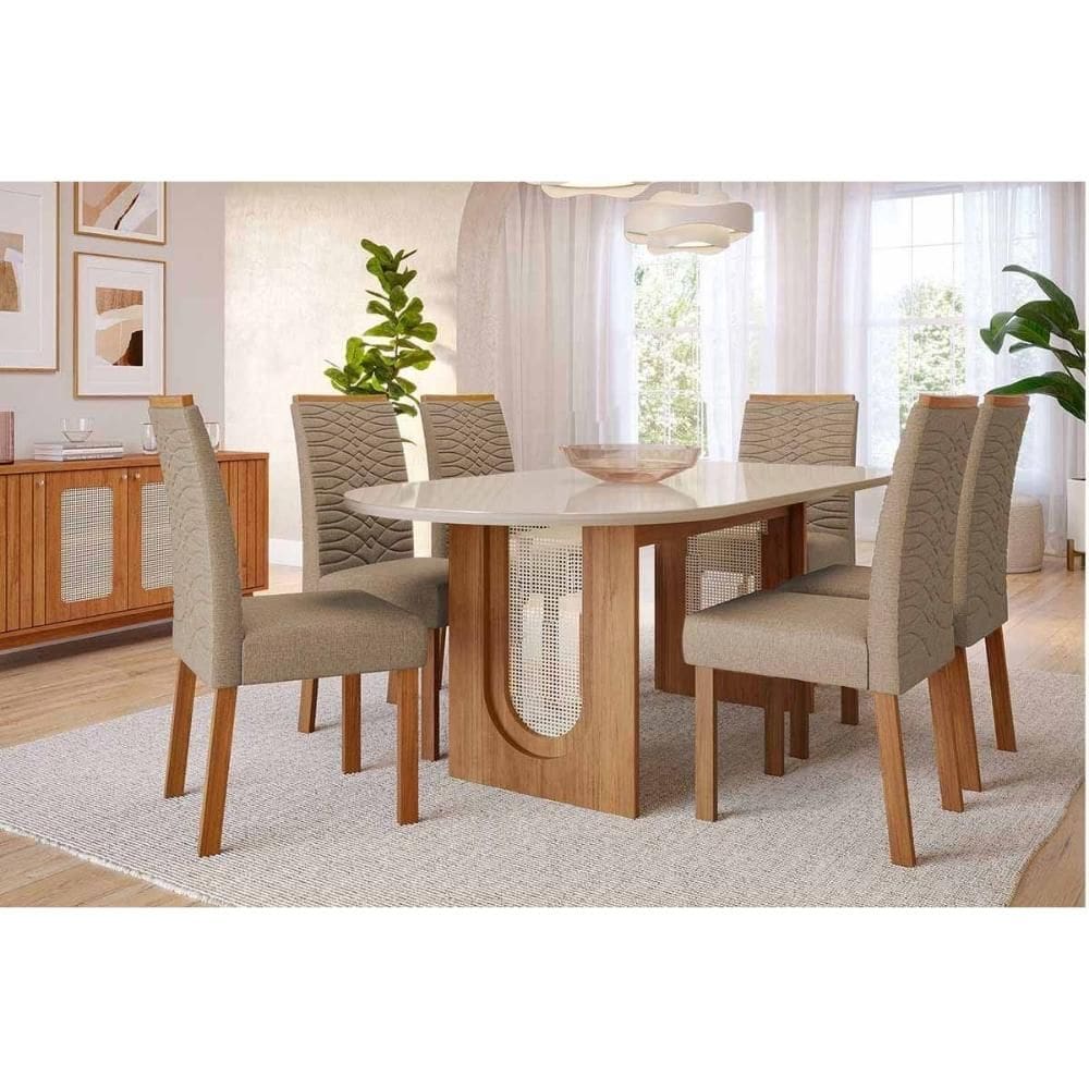 Sala de Jantar Completa Valentina Tampo Madeirado Oval c/ Vidro 210x100cm e 6 Cadeiras Clarice Cinamomo/Off White - Carvalho/Linho Bege - Cimol