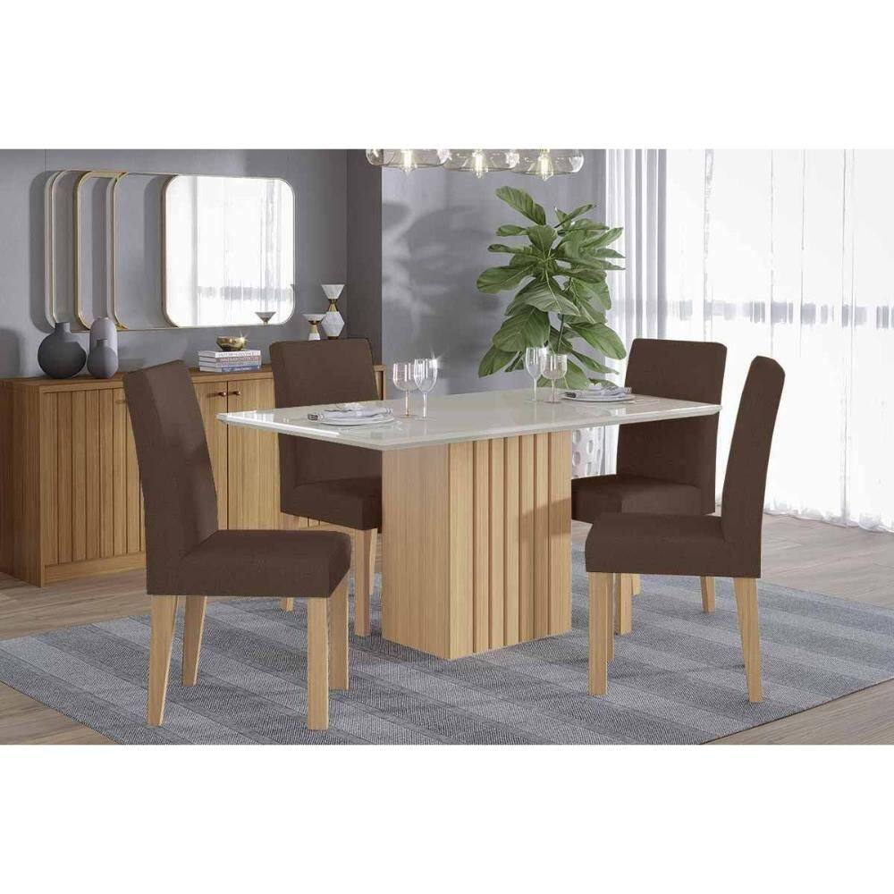 Sala de Jantar Completa Ana Tampo Madeirado c/ Vidro 130x80cm e 4 Cadeiras Maia Nature/Off White - Nature/Suede Mascavo Chocolate - Cimol