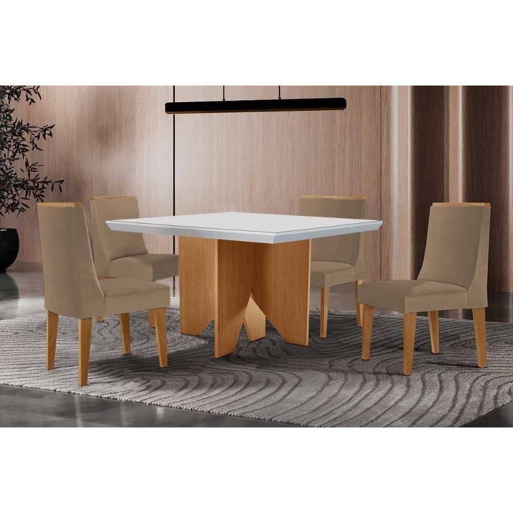 Sala de Jantar Completa Nevada c/ Tampo Madeirado c/ Vidro Canto Curvo 90x90cm e 4 Cadeiras Dakota Naturale/Off White - Linho Bege - Rufato