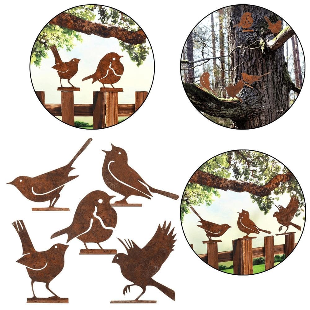 Decoração Pássaros De Metal Para Jardim Cor De Ferrugem 5 Pç
