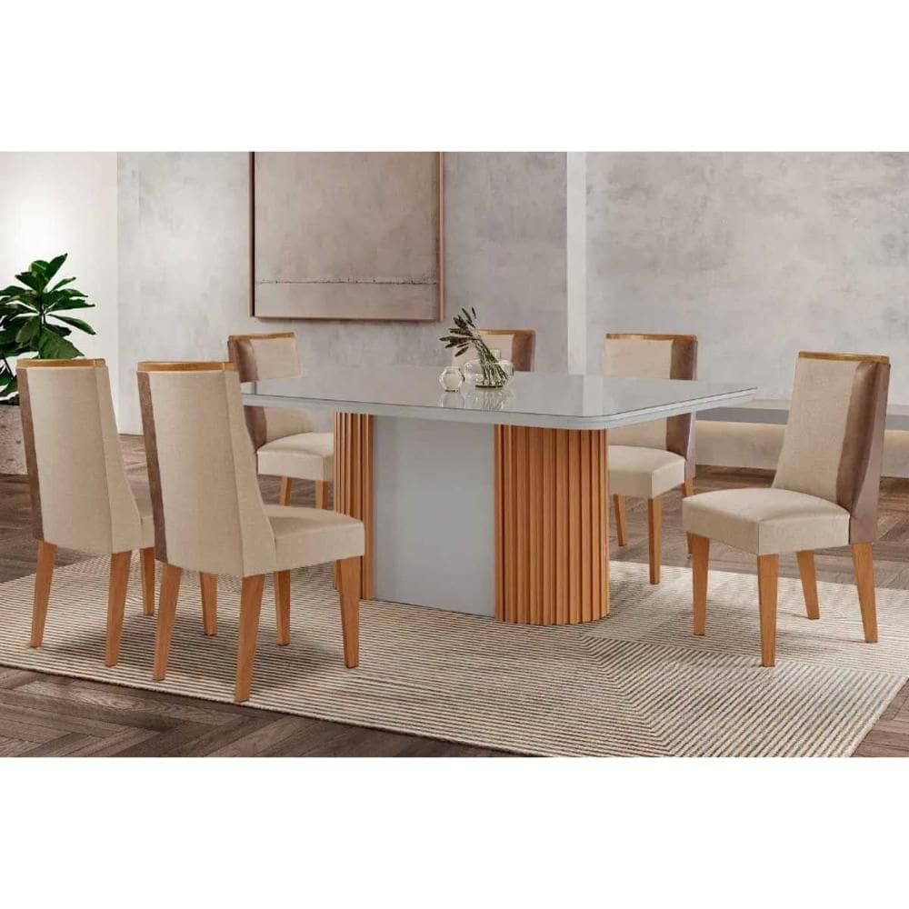 Conjunto Sala de Jantar Pilar c/ Tampo Madeirado c/ Vidro Canto Curvo 180x90cm e 6 Cadeiras Tilia Madeira Maciça Naturale/Off White - Capuccino/Suede
