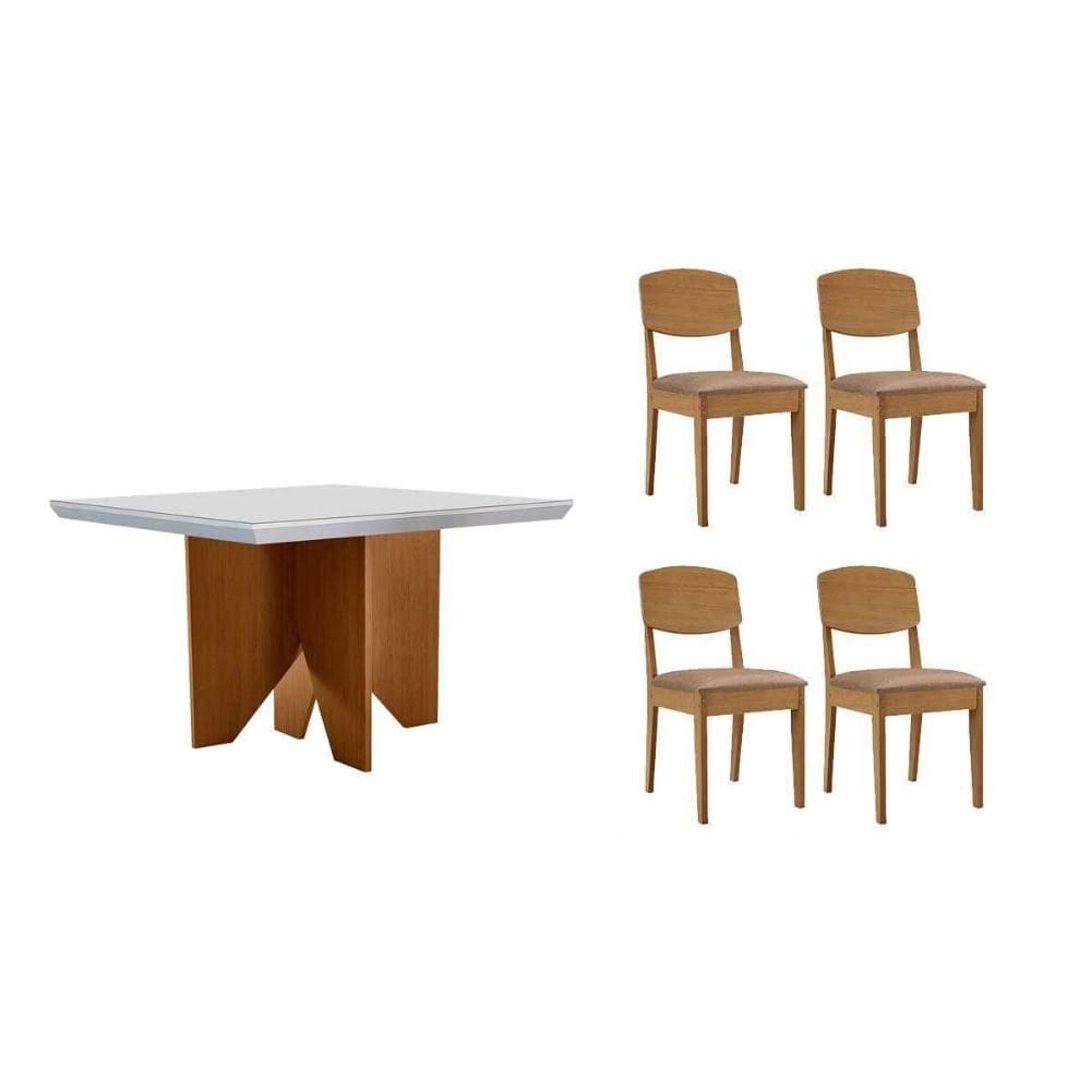 Sala de Jantar Completa Nevada c/ Tampo Madeirado c/ Vidro Canto Curvo 90x90cm e 4 Cadeiras Havana Naturale/Off White - Linho Capuccino - Rufato