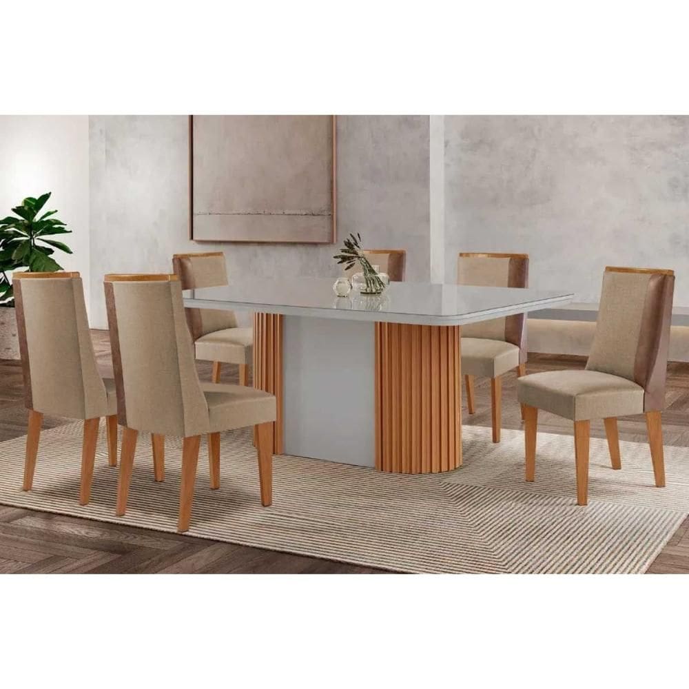 Conjunto Sala de Jantar Pilar c/ Tampo Madeirado c/ Vidro Canto Curvo 180x90cm e 6 Cadeiras Tilia Madeira Maciça Naturale/Off White - Capuccino/Linho