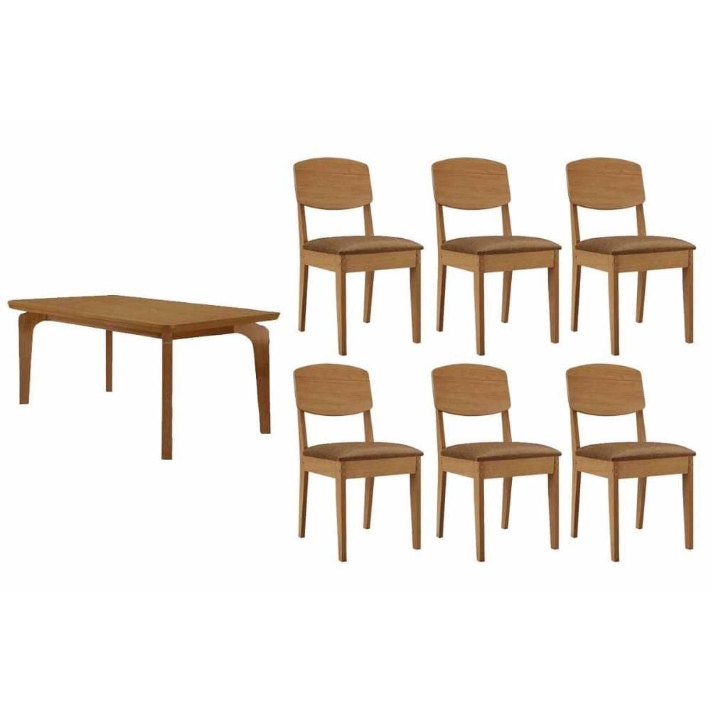 Sala de Jantar Completa Londrina c/ Tampo Madeirado Canto Curvo 180x90cm e 6 Cadeiras Havana Naturale - Suede Capuccino - Rufato
