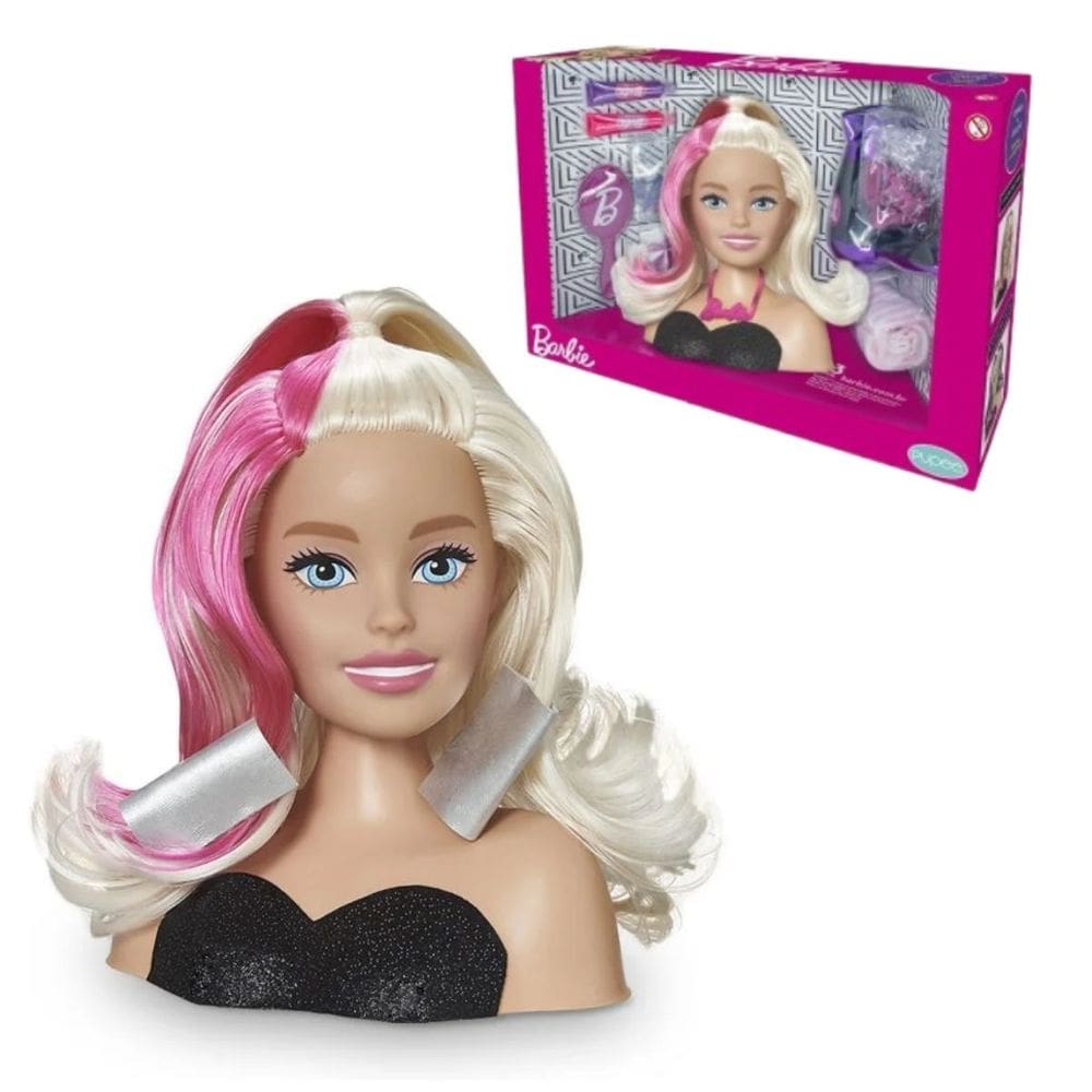 Boneca Styling Head Cabelo Hair Barbie Pupee com Acessórios Escova Gel Touca Toalha Secador Presilha