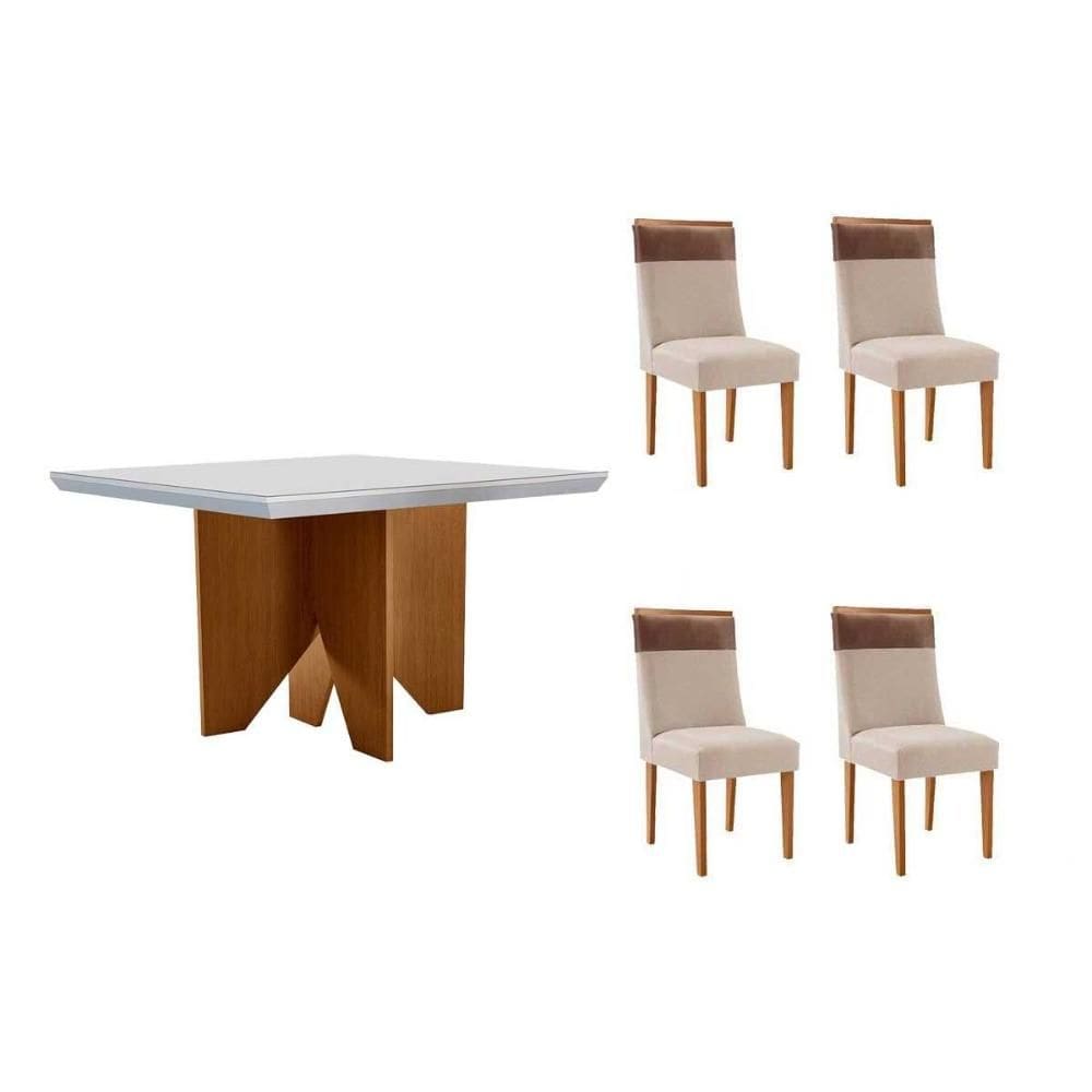 Sala de Jantar Completa Nevada c/ Tampo Madeirado c/ Vidro Canto Curvo 90x90cm e 4 Cadeiras Jaspe Naturale/Off White - Suede Creme - Rufato