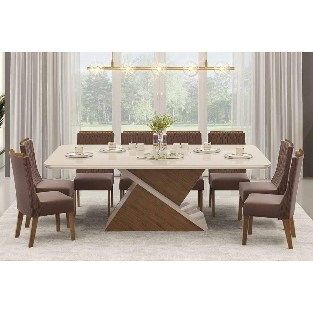 Sala de Jantar Completa Zafira c/ Tampo Madeirado c/ Vidro 200x100cm e 8 Cadeiras Jade Freijo/Off White - Suede Moca - DJ Móveis