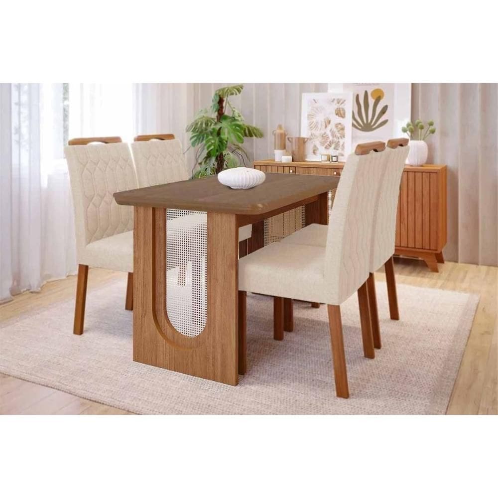 Sala de Jantar Completa Valentina c/ Tampo Madeirado 130x80cm e 4 Cadeiras Paola Cinamomo - Carvalho/Suede Nude Bege - Cimol
