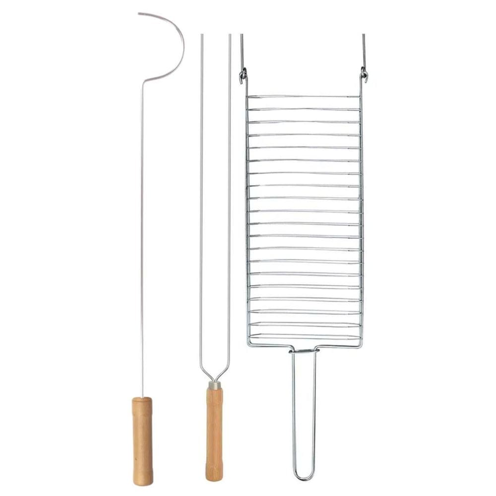Kit Preparo Churrasco 3Pcs Churrasqueira 55Cm Cabo Madeira