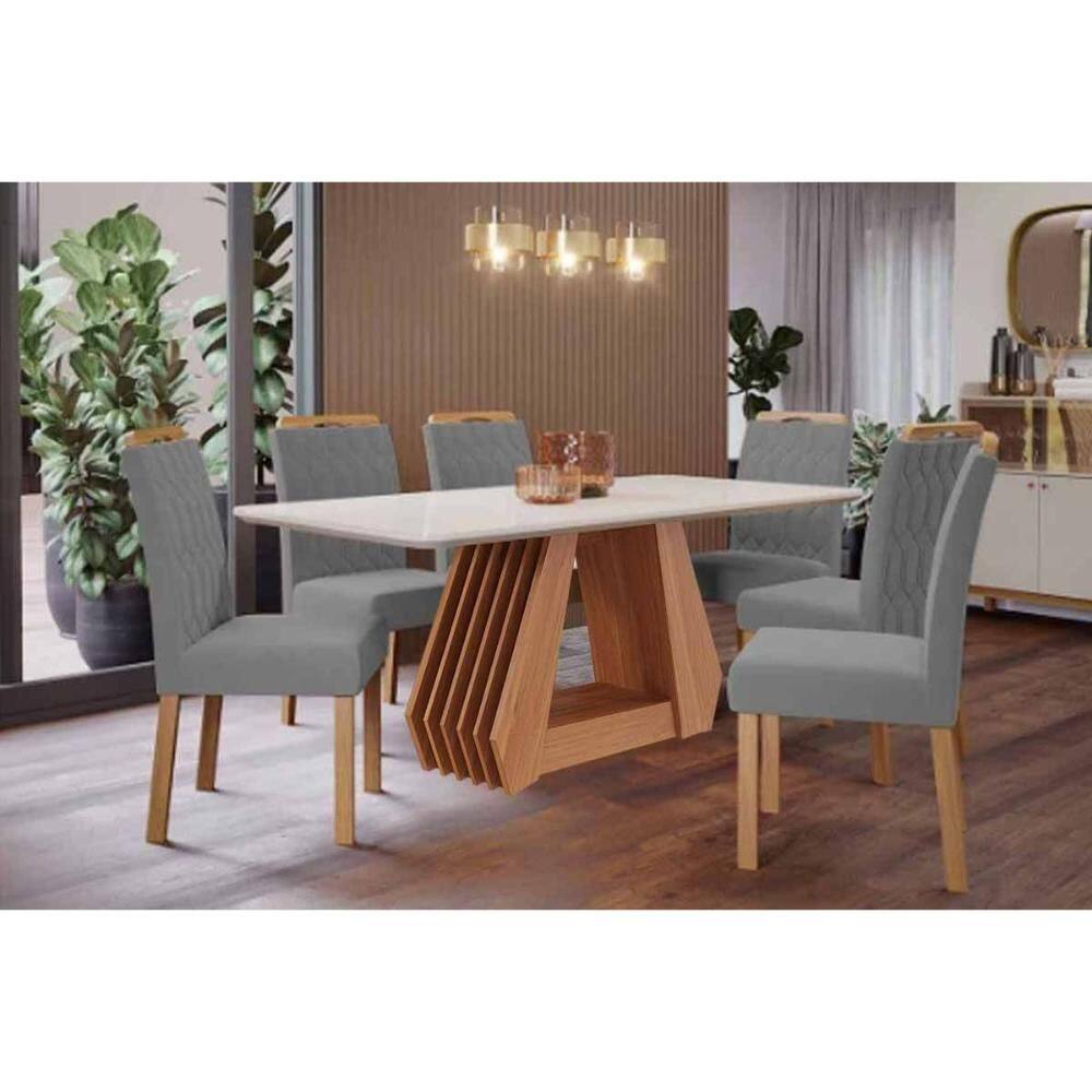 Sala de Jantar Completa Ágata Tampo Madeirado c/ Vidro 180x90cm e 6 Cadeiras Paola Cinamomo/Off White - Carvalho/Suede Joli Capuccino - Cimol