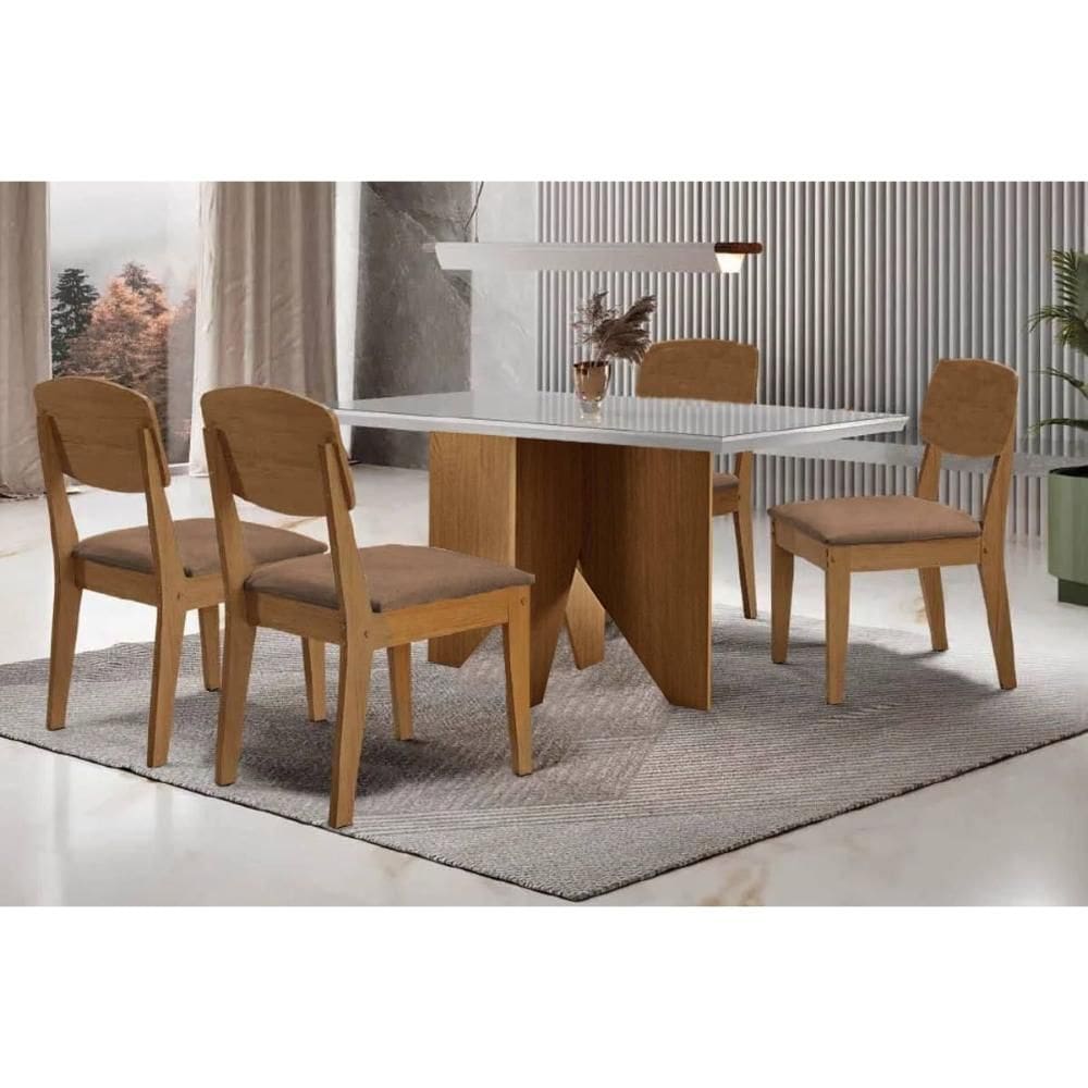 Sala de Jantar Completa Nevada c/ Tampo Madeirado c/ Vidro Canto Curvo 120x80cm e 4 Cadeiras Havana Naturale/Off White - Suede Capuccino - Rufato