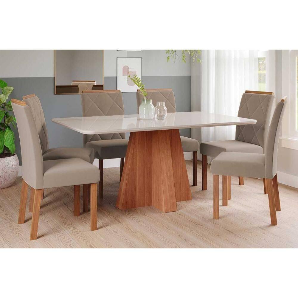 Sala de Jantar Completa Maitê Tampo Madeirado c/ Vidro 160x80cm e 6 Cadeiras Fernanda Cinamomo/Off White - Carvalho/Suede Joli Capuccino - Cimol