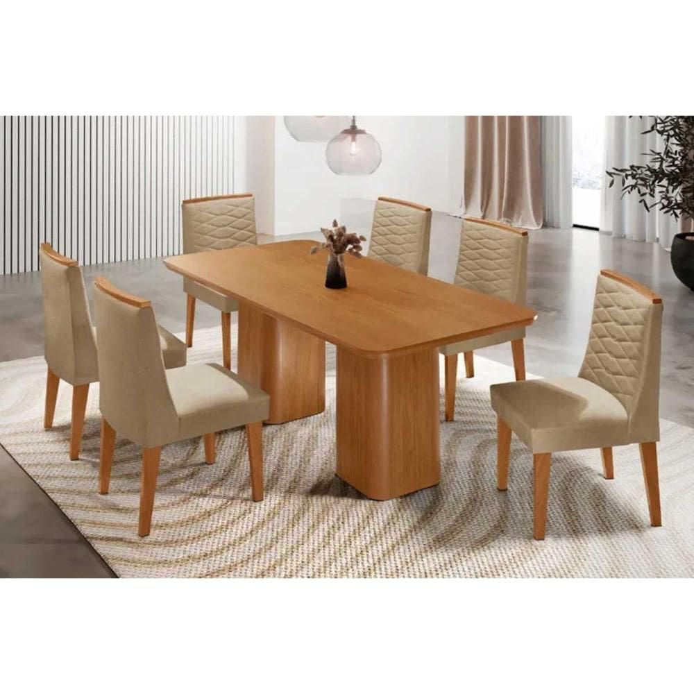 Sala de Jantar Completa Maldivas c/ Tampo Madeirado Canto Curvo 180x90cm e 6 Cadeiras Maldivas Naturale - Linho Bege - Rufato