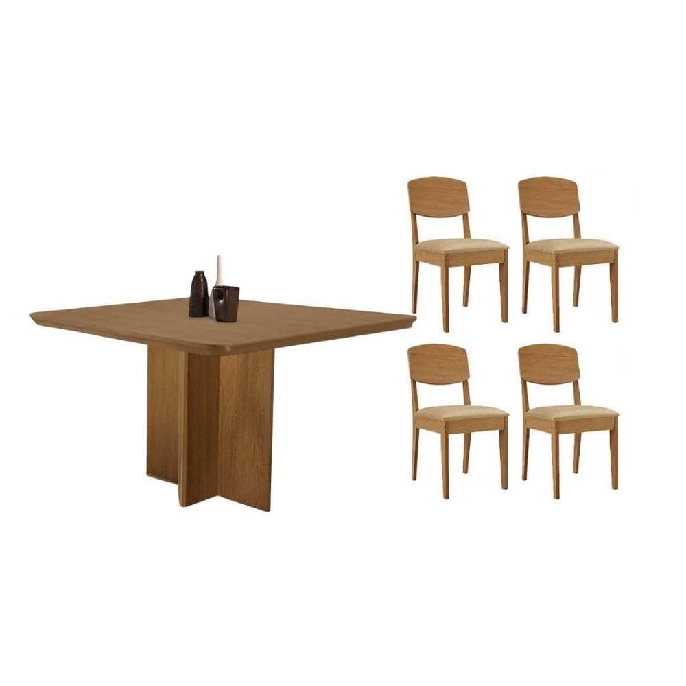 Sala de Jantar Completa Berlim c/ Tampo Madeirado Canto Curvo 90x90cm e 4 Cadeiras Havana Naturale - Suede Creme - Rufato