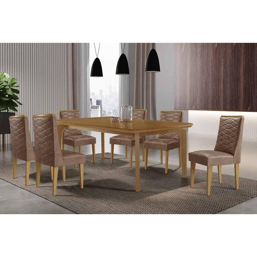 Sala de Jantar Completa Londrina c/ Tampo Madeirado Canto Curvo 180x90cm e 6 Cadeiras Dafne Naturale - Corano Capuccino - Rufato