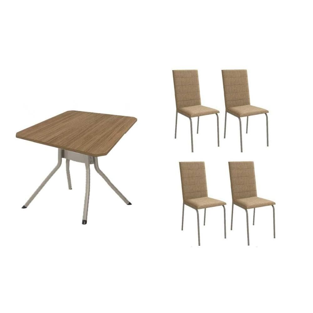 Sala de Jantar Completa Loire c/ Tampo de Madeira 90cm + 4 Cadeiras Amsterdã Niquel - Corano Capuccino - Kappesberg