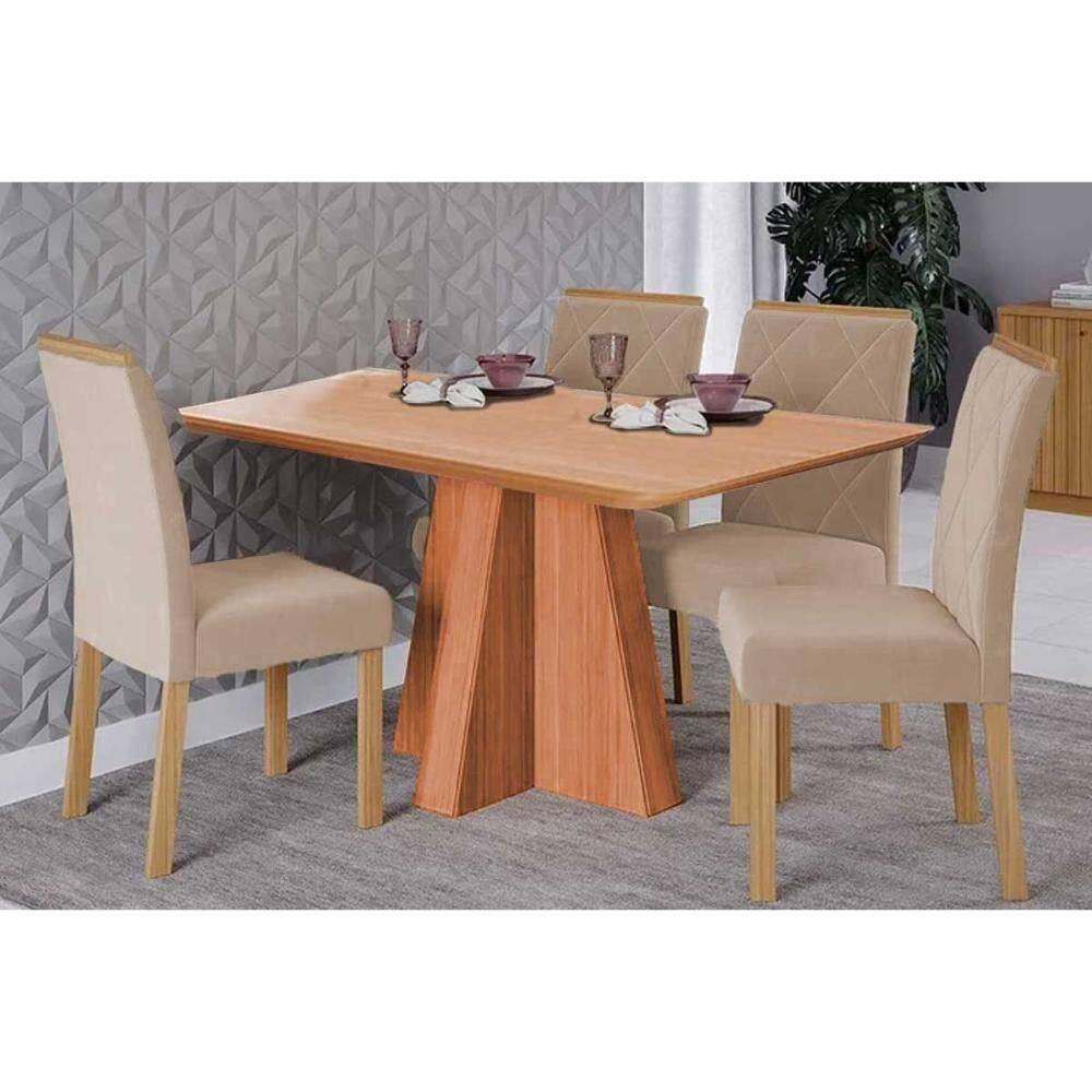 Sala de Jantar Completa Maitê Tampo Madeirado 130x80cm e 4 Cadeiras Fernanda Cinamomo - Carvalho/Suede Nude Bege - Cimol