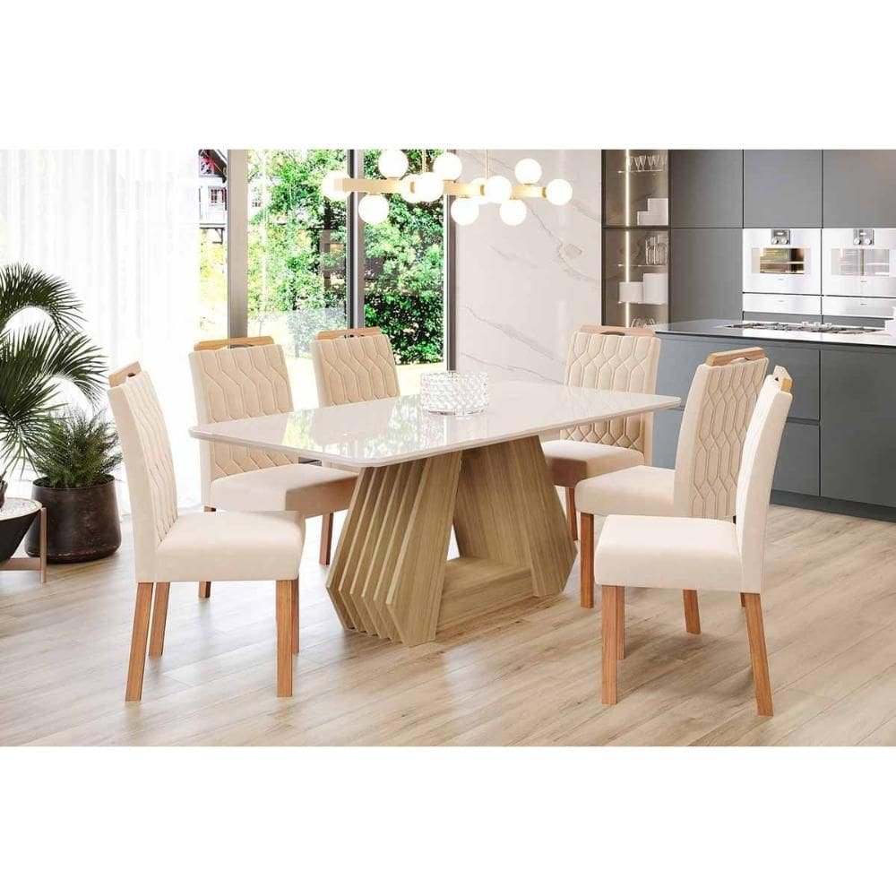 Sala de Jantar Completa Ágata Tampo Madeirado c/ Vidro 180x90cm e 6 Cadeiras Paola Nature/Off White - Carvalho/Suede Nude Bege - Cimol