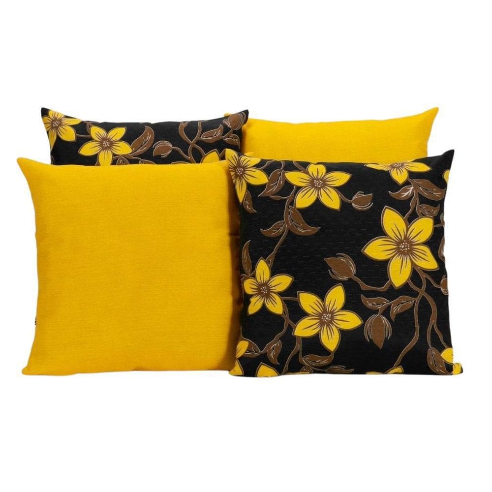 Kit 4 Capas De Almofada Para Sofá Preto Com Flores Amarelas