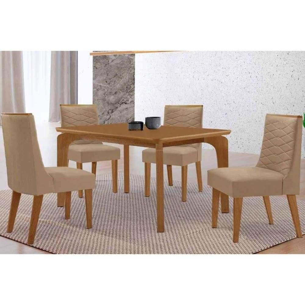 Sala de Jantar Completa Londrina c/ Tampo Madeirado Canto Curvo 120x80cm e 4 Cadeiras Maldivas Naturale - Corano Capuccino - Rufato