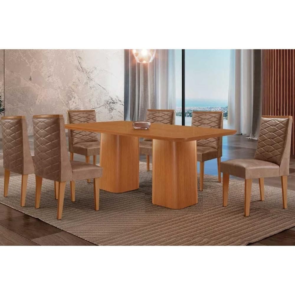 Sala de Jantar Completa Maldivas c/ Tampo Madeirado Canto Curvo 180x90cm e 6 Cadeiras Dafne Naturale - Corano Capuccino - Rufato