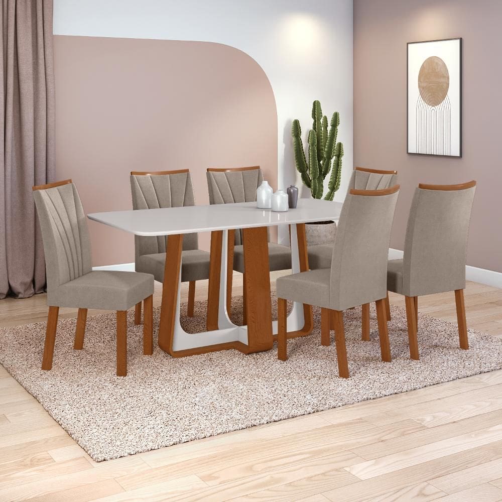 Conjunto Sala de Jantar Mesa Easy Pop 170x90cm Tampo Vidro/MDF com 6 Cadeiras Confort Suede Animale Bege Frassino/off White